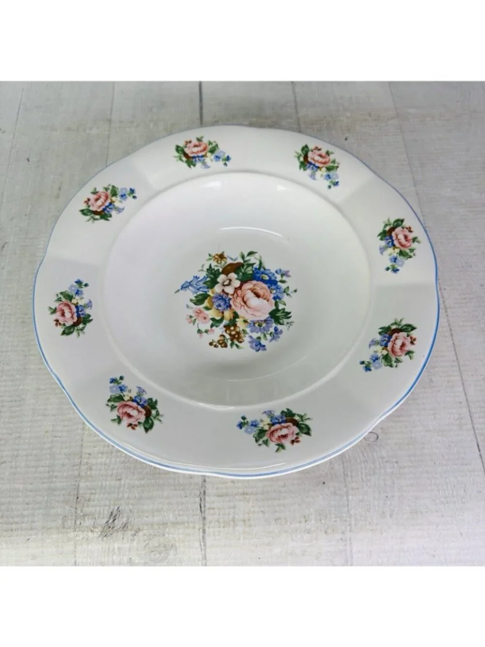 Tabletops Unlimited TAU71 Floral Blue Ceramic Rim Pasta Soup Cereal Bowl Set 4